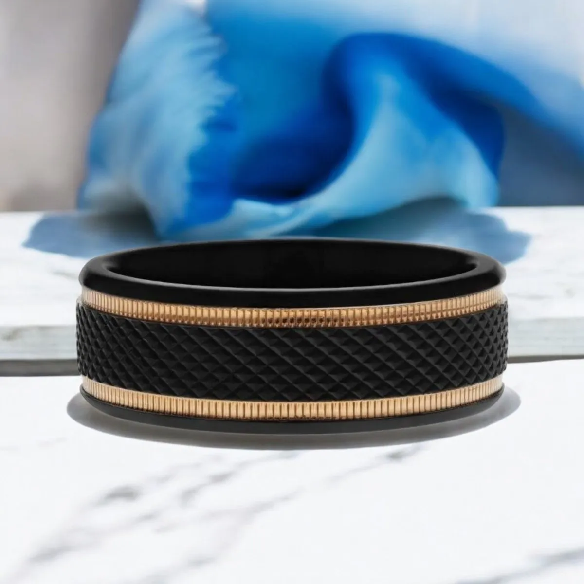 BAROQUE | Black Titanium Ring, Diamond Pattern & Two Gold Grooves