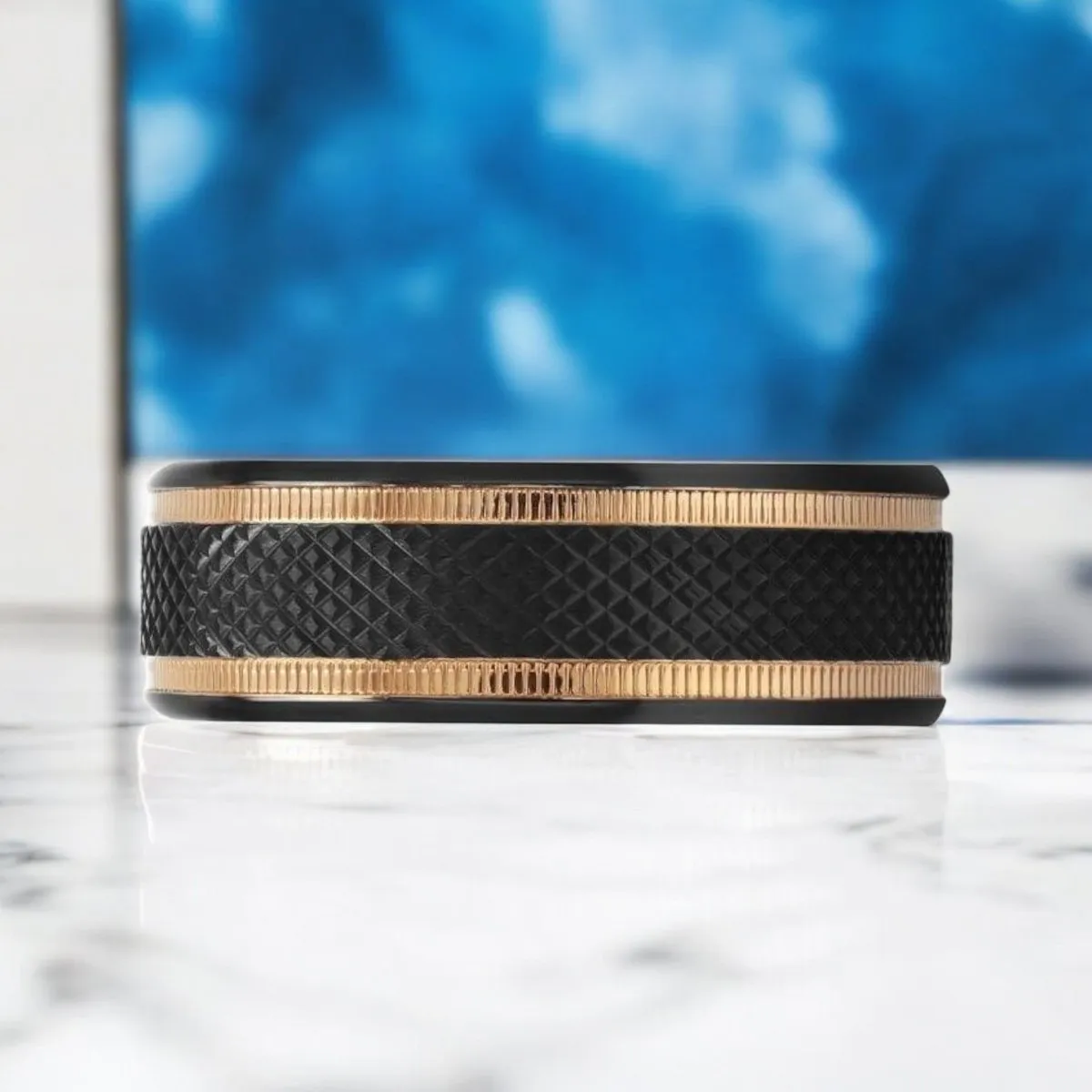 BAROQUE | Black Titanium Ring, Diamond Pattern & Two Gold Grooves