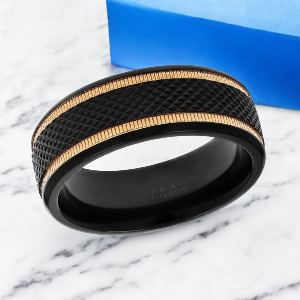 BAROQUE | Black Titanium Ring, Diamond Pattern & Two Gold Grooves