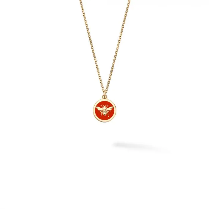 Birks 18K Yellow Gold Bee Chic Red Enamel Round Medallion Necklace