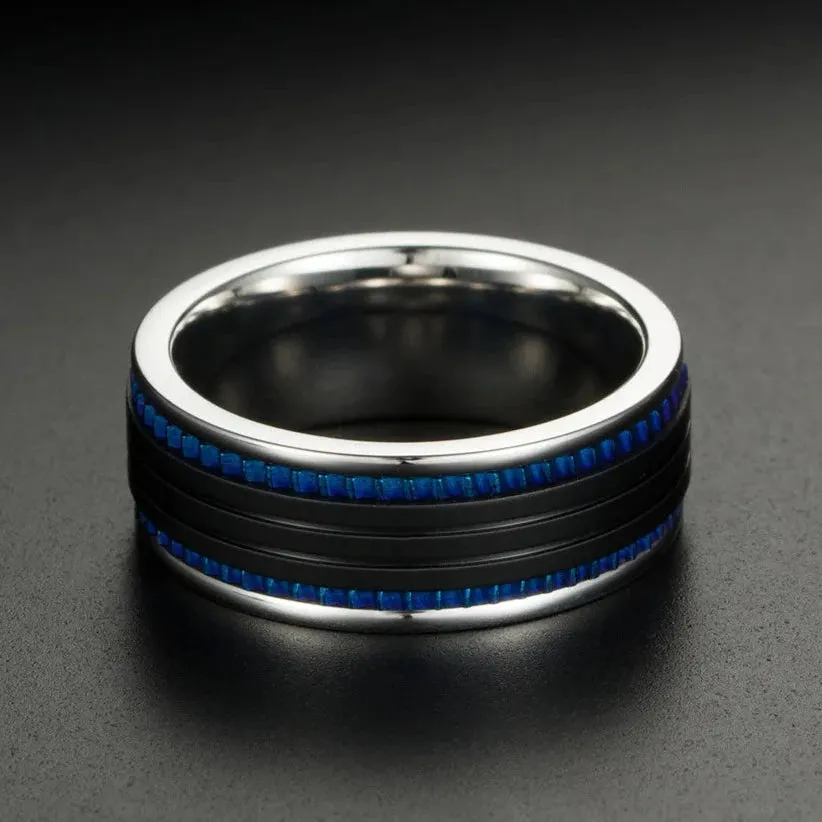 Black Space with Blue Inlay Titanium Steel Ring