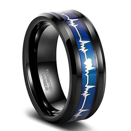 Black Tungsten Carbide Wedding Band with Heartbeat Inlay