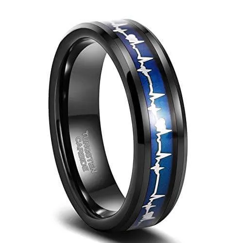 Black Tungsten Carbide Wedding Band with Heartbeat Inlay