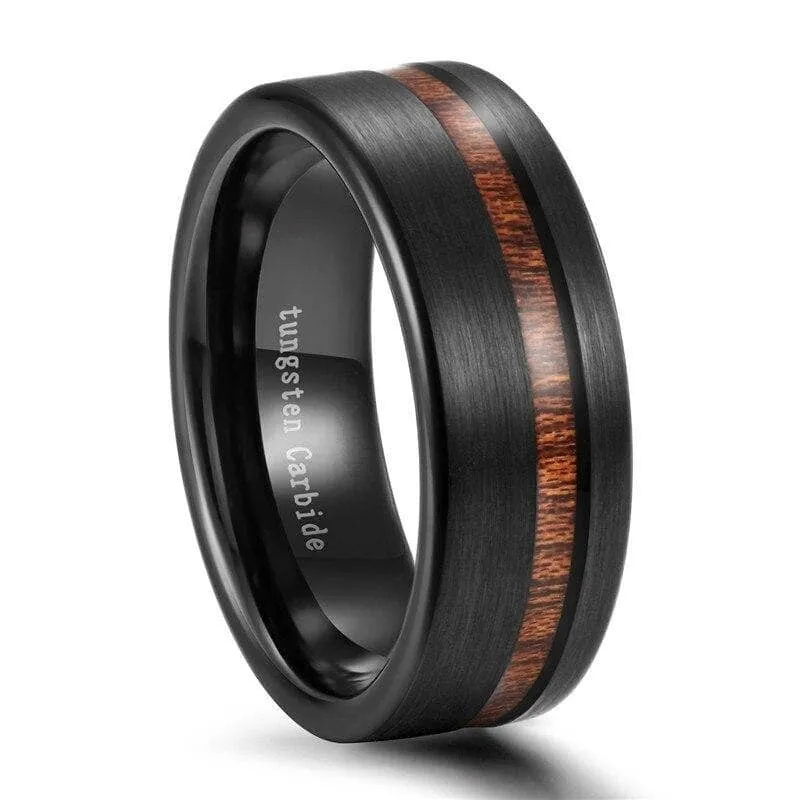 Black with Wood Line Tungsten Carbide Ring