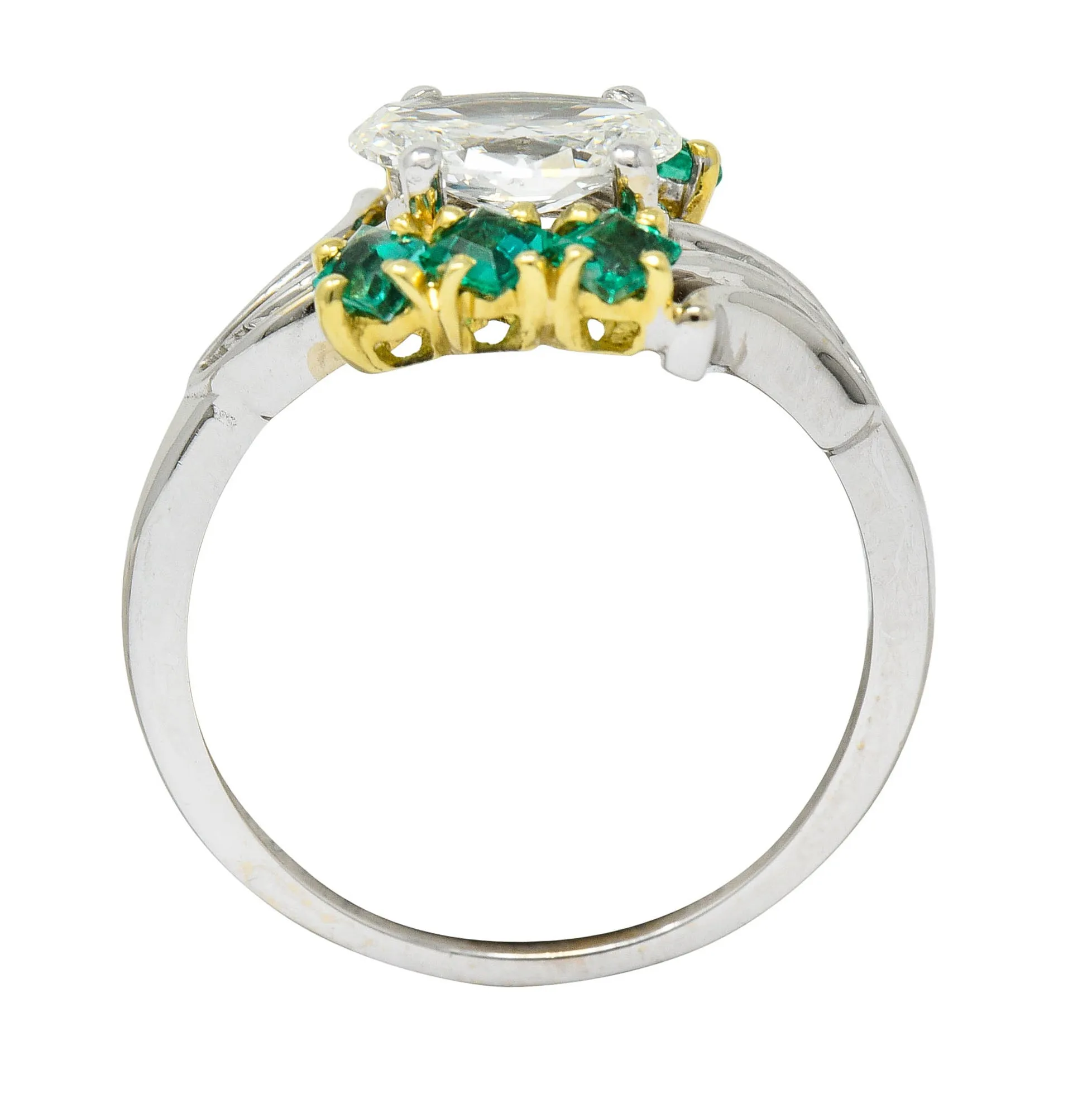 Cartier 1950's 1.76 CTW Diamond Emerald 18 Karat Two-Tone Bypass Vintage Ring GIA