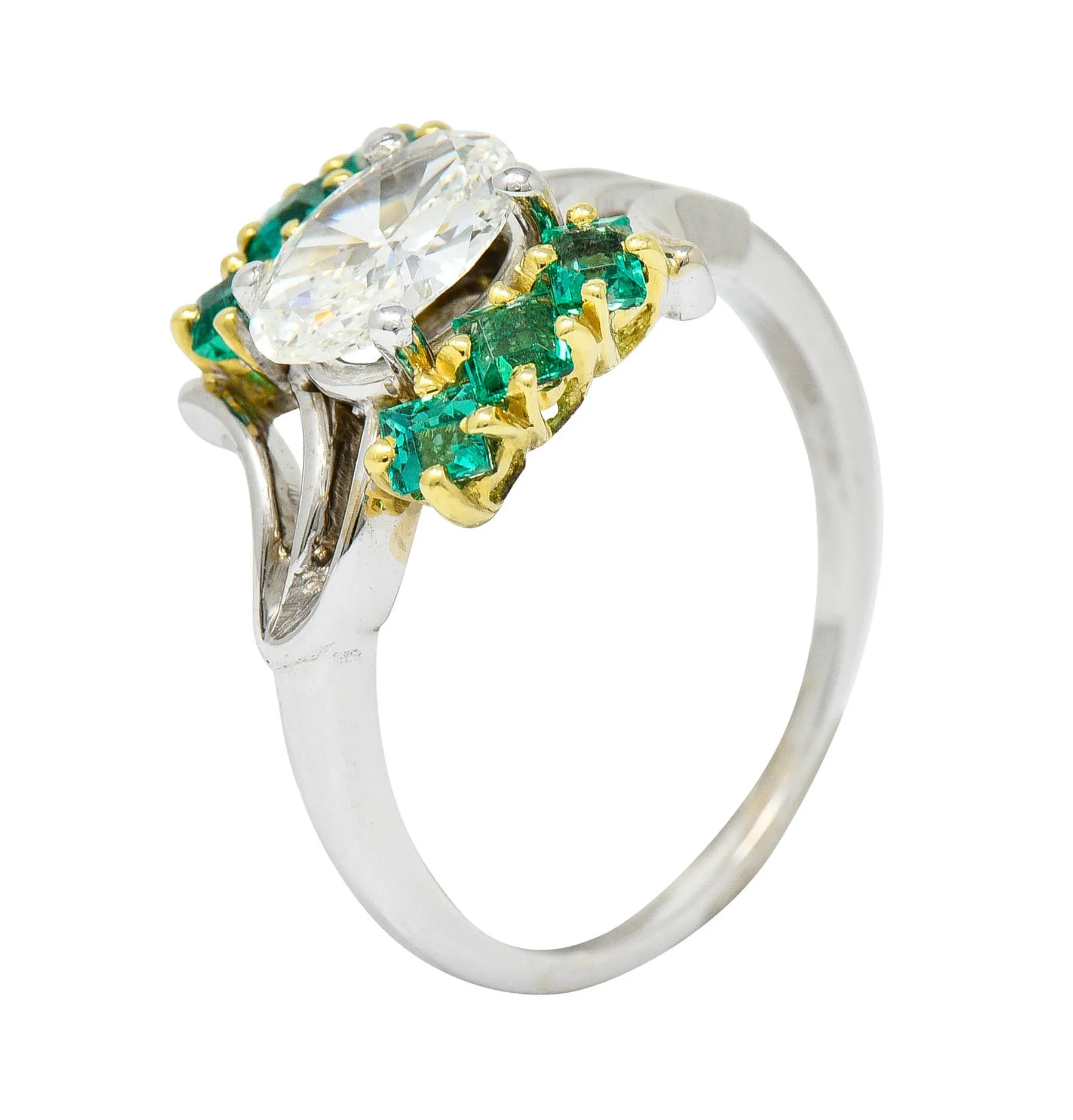 Cartier 1950's 1.76 CTW Diamond Emerald 18 Karat Two-Tone Bypass Vintage Ring GIA