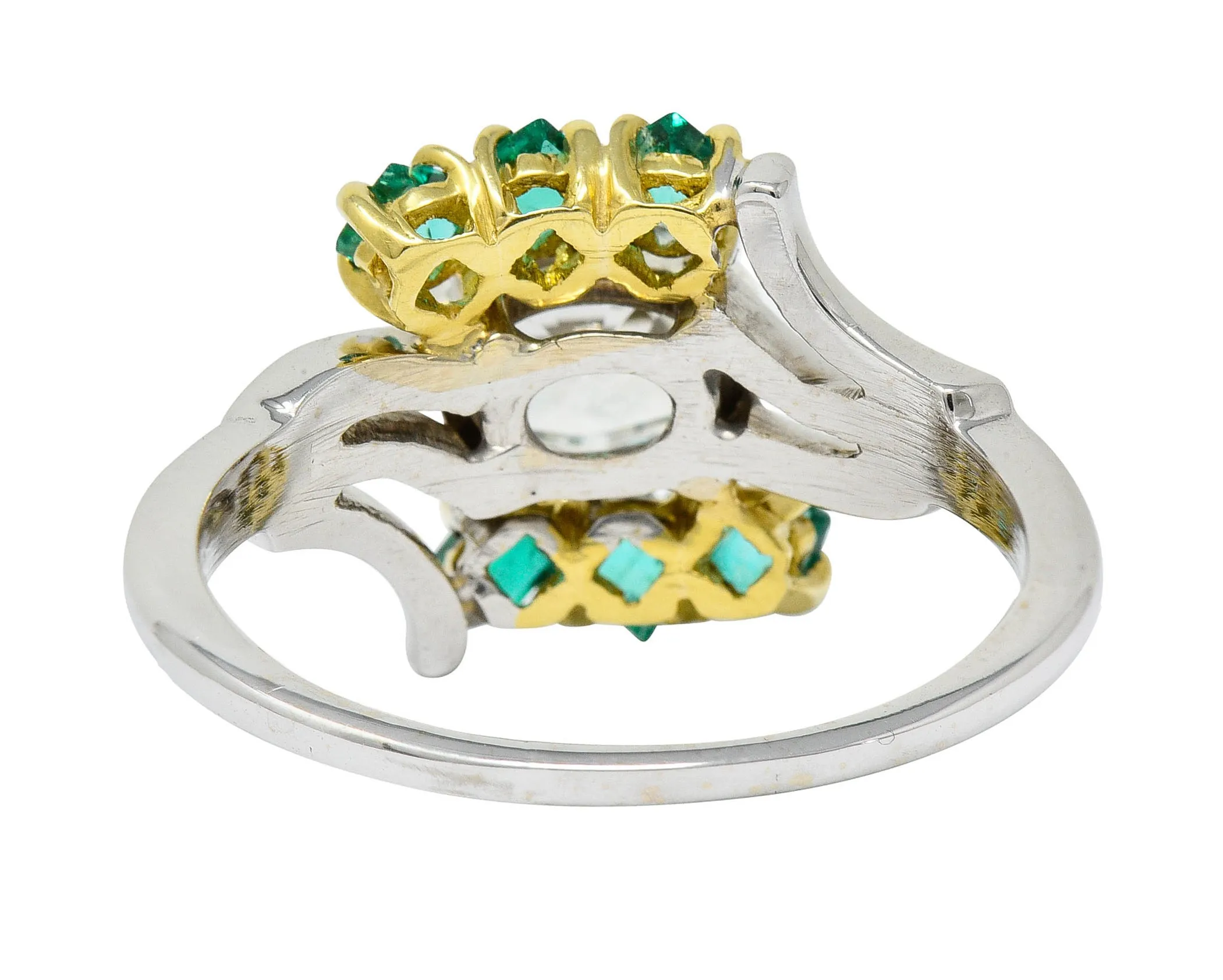 Cartier 1950's 1.76 CTW Diamond Emerald 18 Karat Two-Tone Bypass Vintage Ring GIA