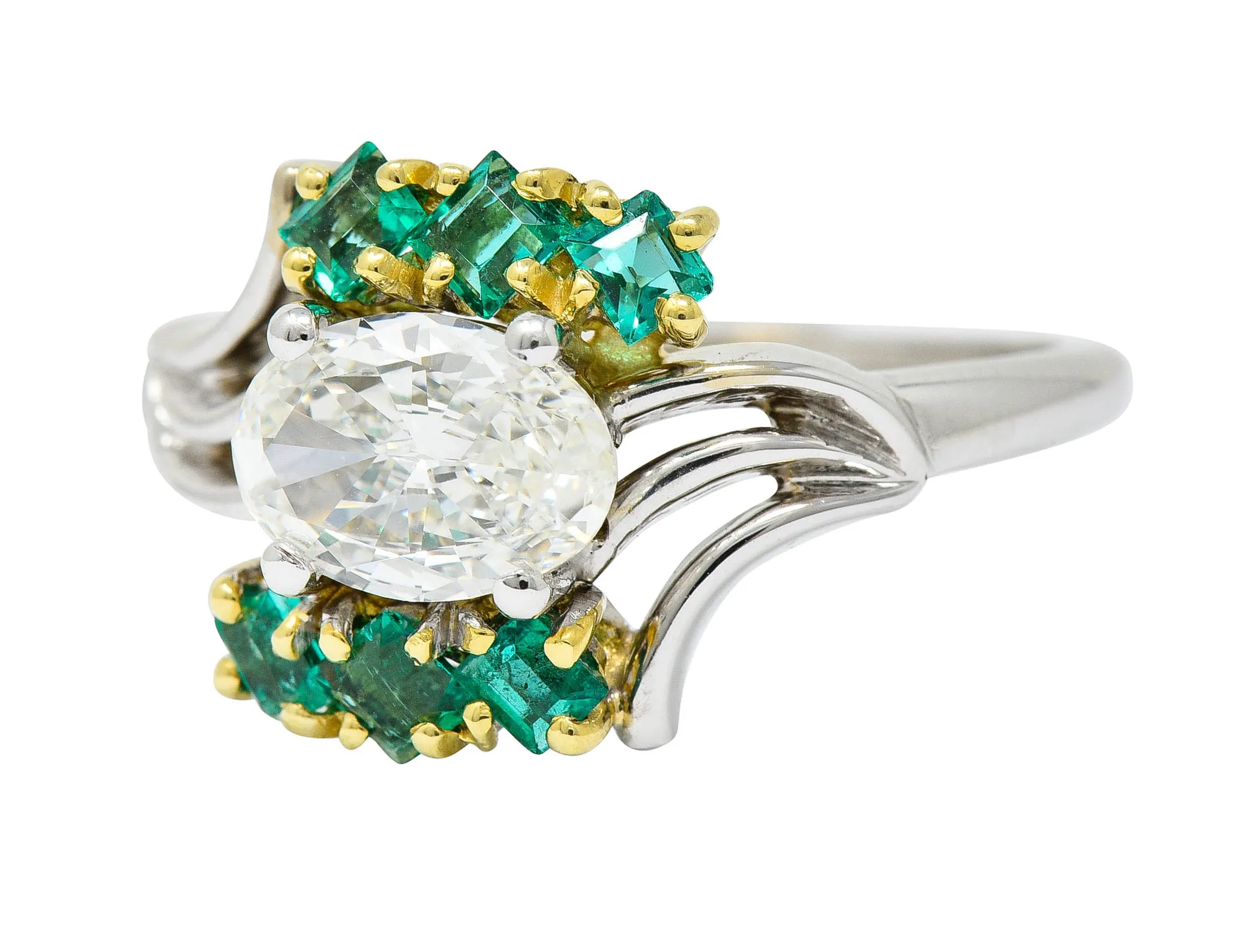 Cartier 1950's 1.76 CTW Diamond Emerald 18 Karat Two-Tone Bypass Vintage Ring GIA