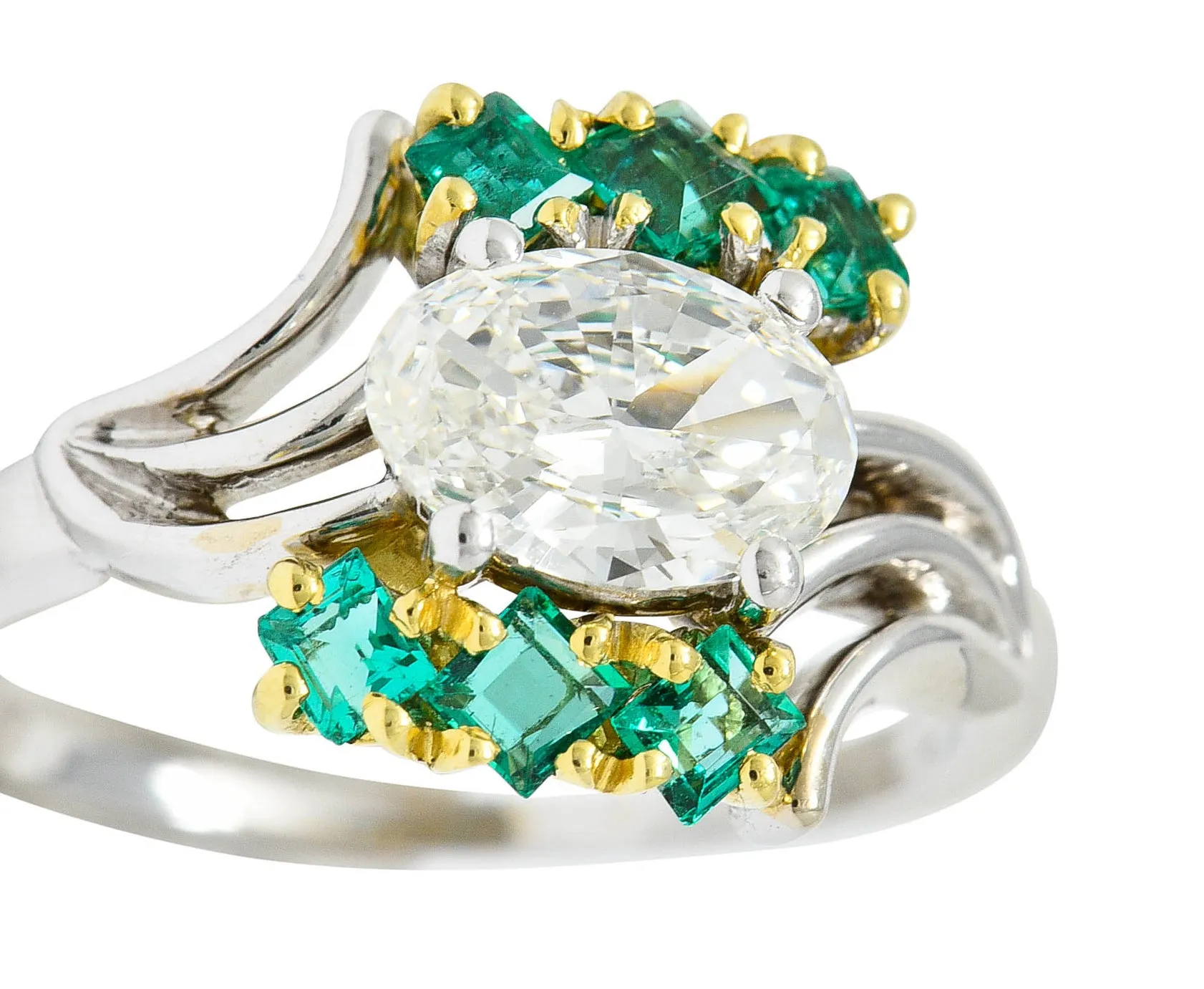 Cartier 1950's 1.76 CTW Diamond Emerald 18 Karat Two-Tone Bypass Vintage Ring GIA