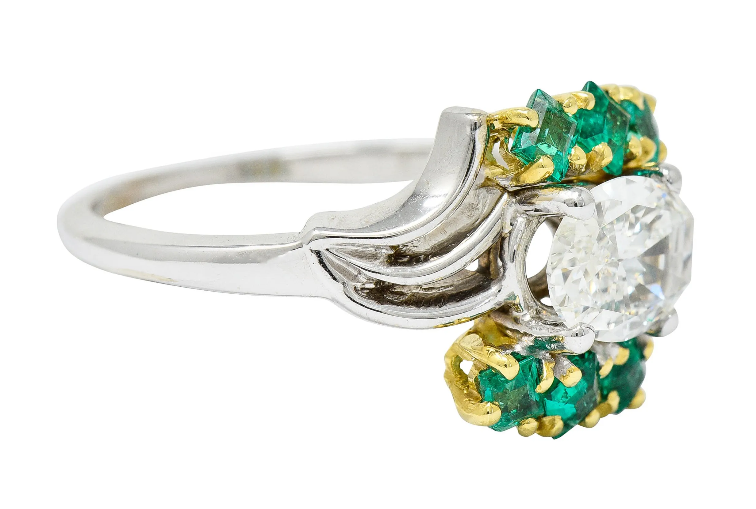 Cartier 1950's 1.76 CTW Diamond Emerald 18 Karat Two-Tone Bypass Vintage Ring GIA