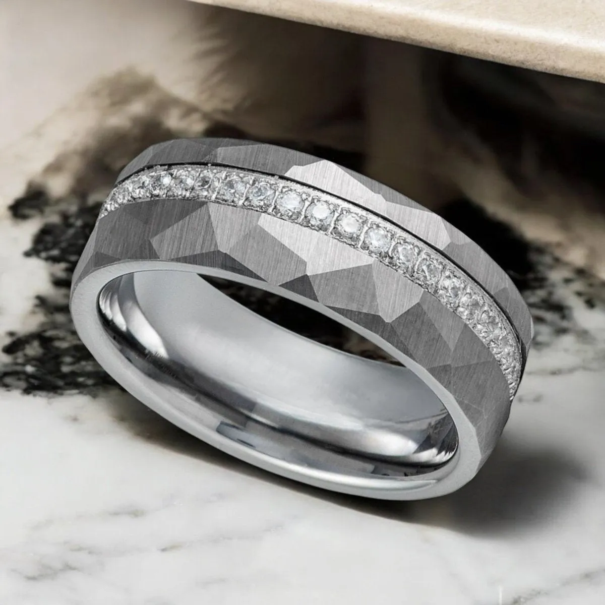 CASCADE | Silver Tungsten Ring, Diamond Stimulate White CZ, Hammered