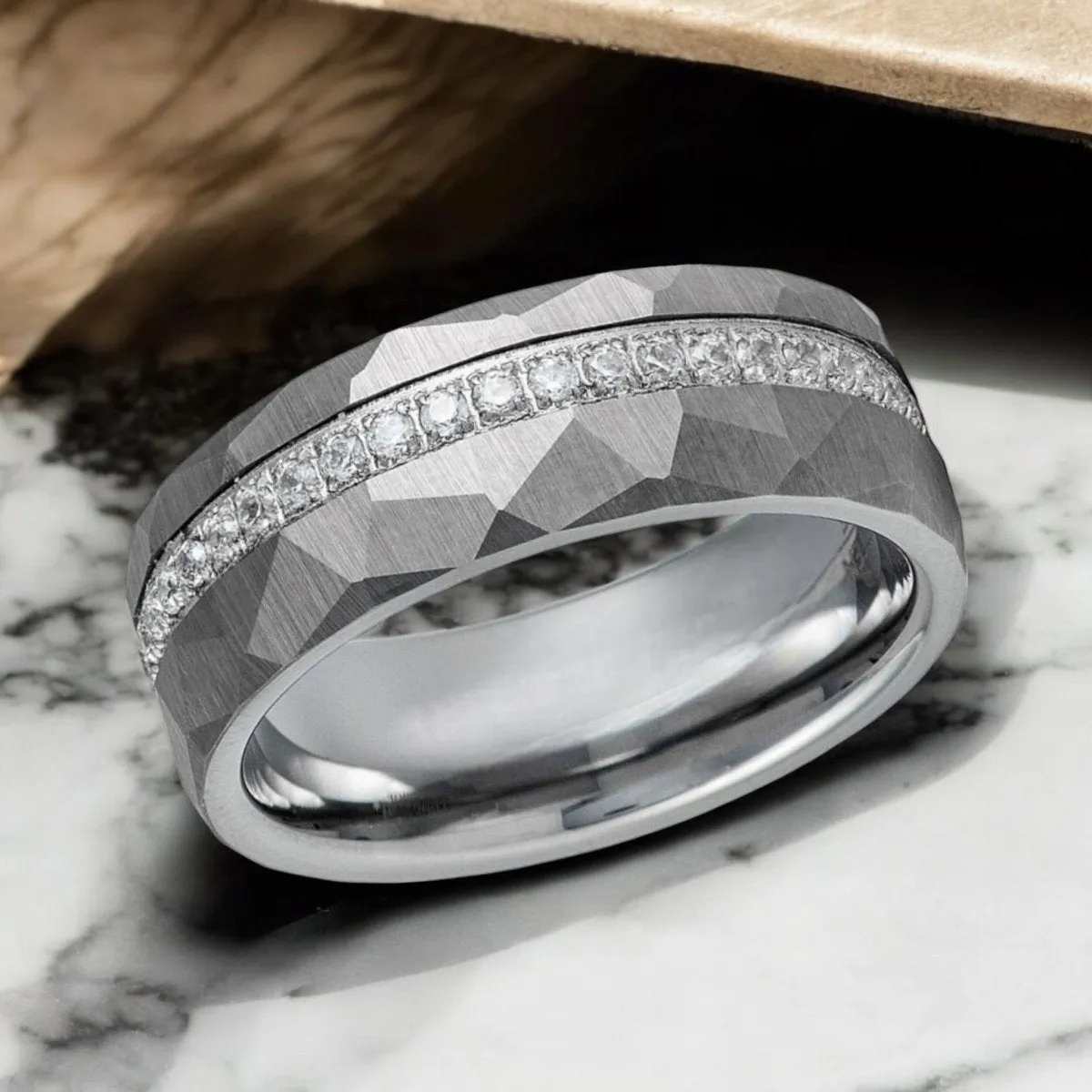 CASCADE | Silver Tungsten Ring, Diamond Stimulate White CZ, Hammered