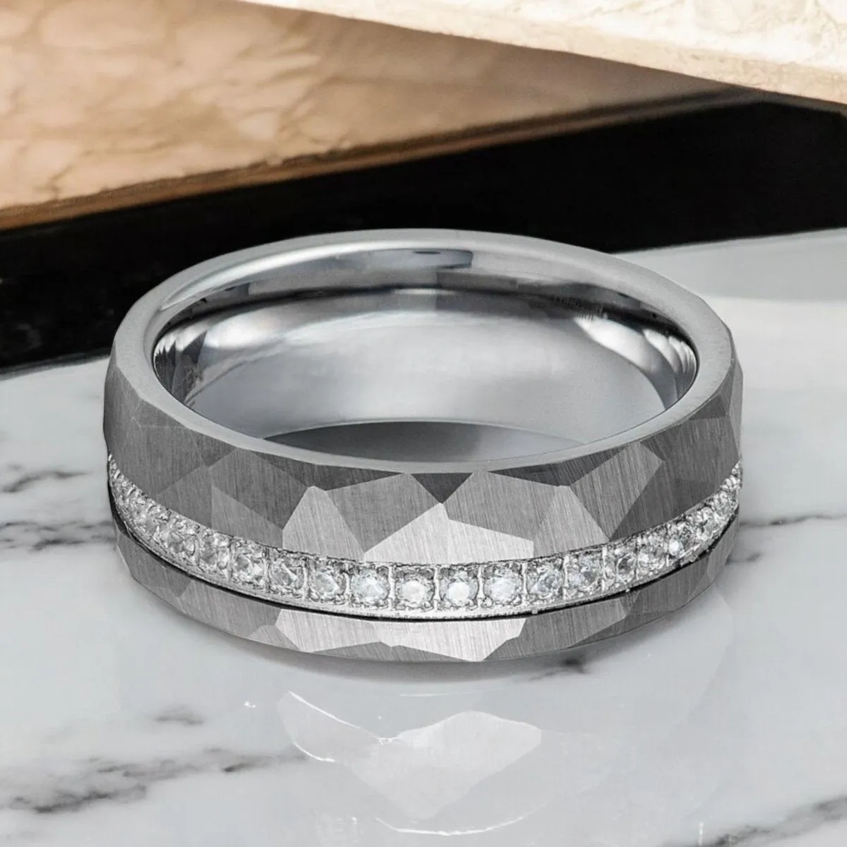 CASCADE | Silver Tungsten Ring, Diamond Stimulate White CZ, Hammered