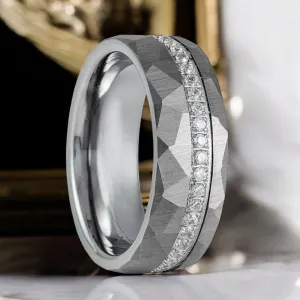 CASCADE | Silver Tungsten Ring, Diamond Stimulate White CZ, Hammered
