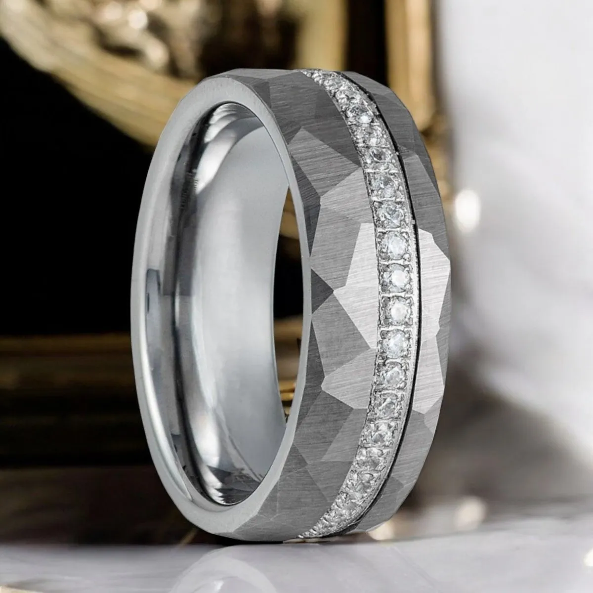 CASCADE | Silver Tungsten Ring, Diamond Stimulate White CZ, Hammered