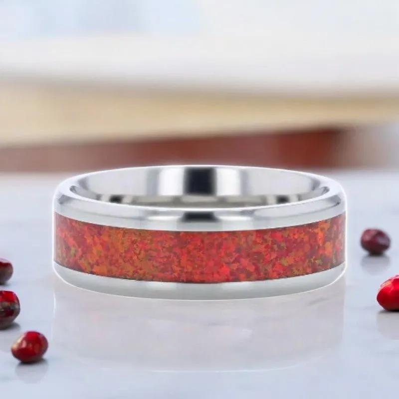 CASSIOPEIA | Silver Titanium Ring, Red Opal Inlay, Beveled