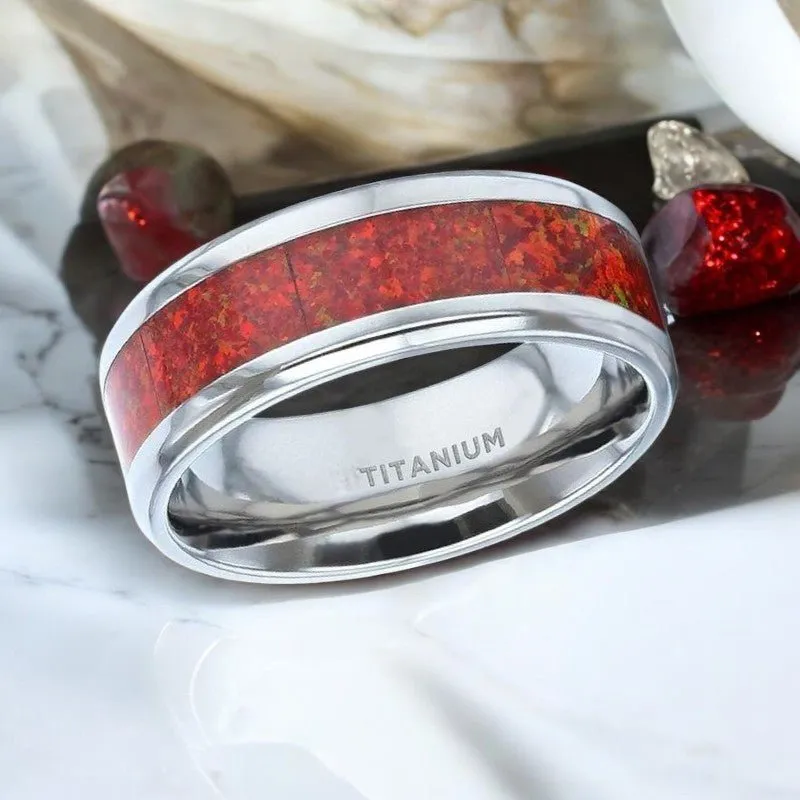 CASSIOPEIA | Silver Titanium Ring, Red Opal Inlay, Beveled