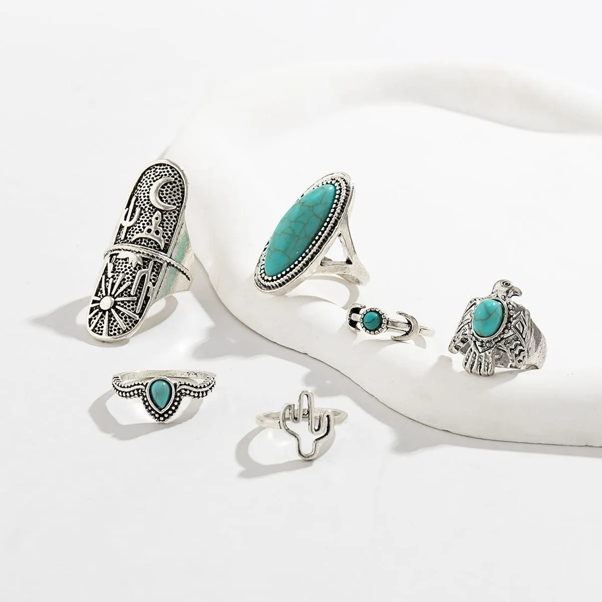 Chic 6 Pieces Antique Silver Embossed Pattern Turquoise Ring Set