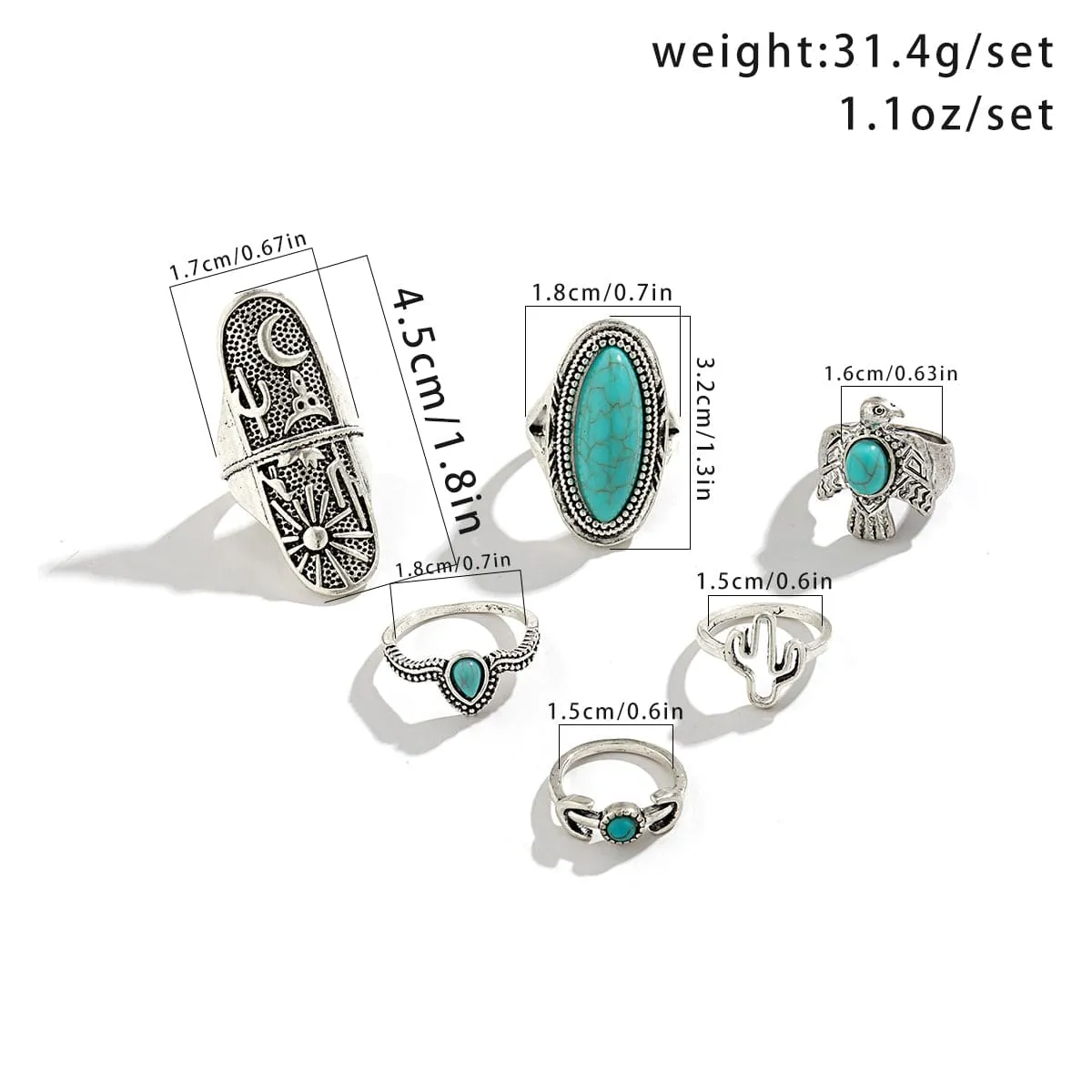 Chic 6 Pieces Antique Silver Embossed Pattern Turquoise Ring Set