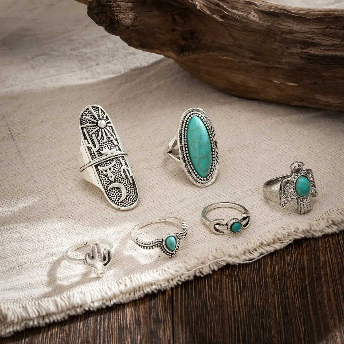 Chic 6 Pieces Antique Silver Embossed Pattern Turquoise Ring Set
