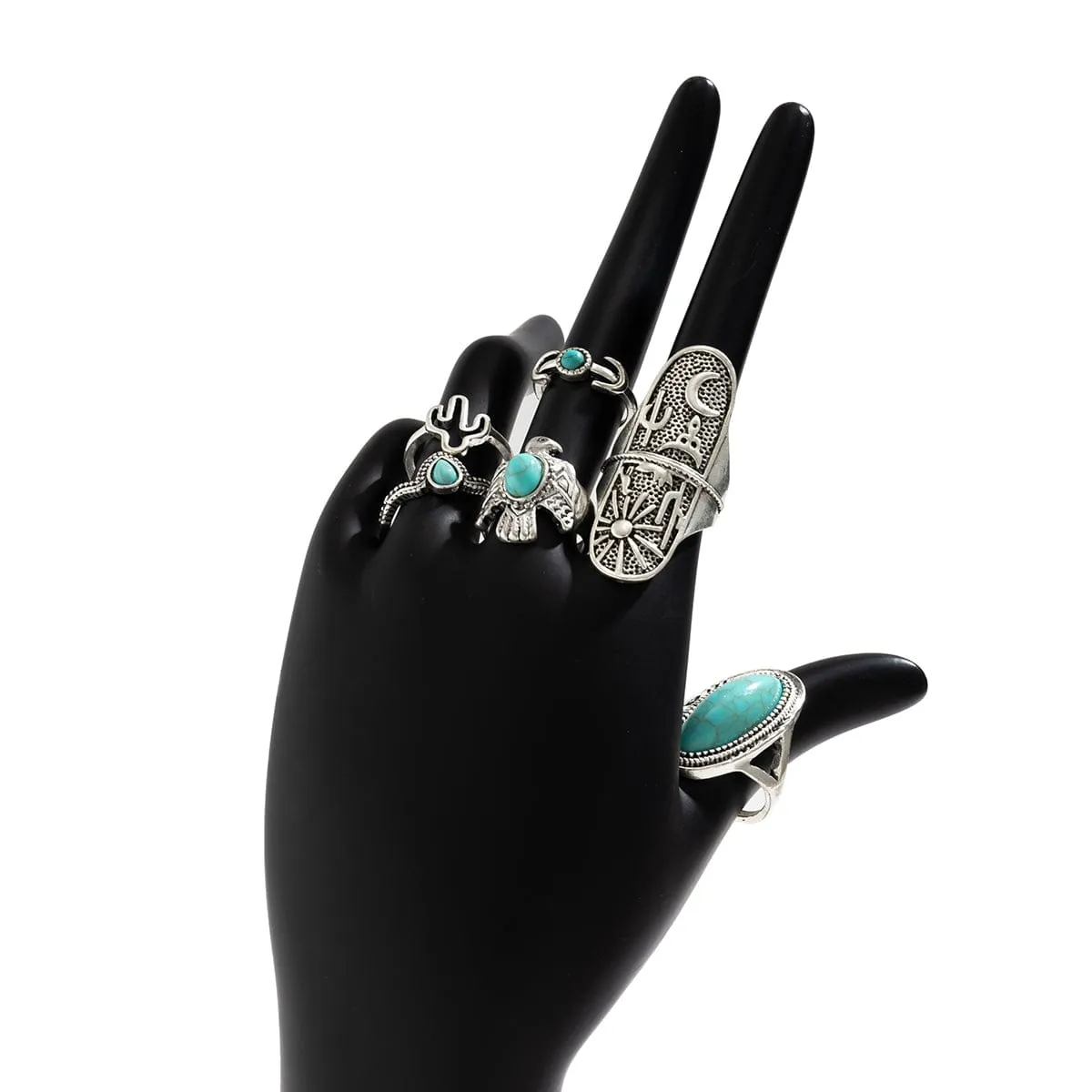 Chic 6 Pieces Antique Silver Embossed Pattern Turquoise Ring Set