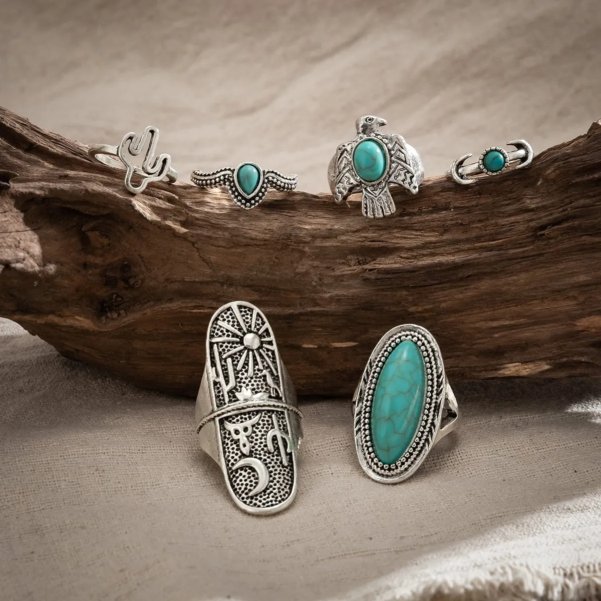 Chic 6 Pieces Antique Silver Embossed Pattern Turquoise Ring Set