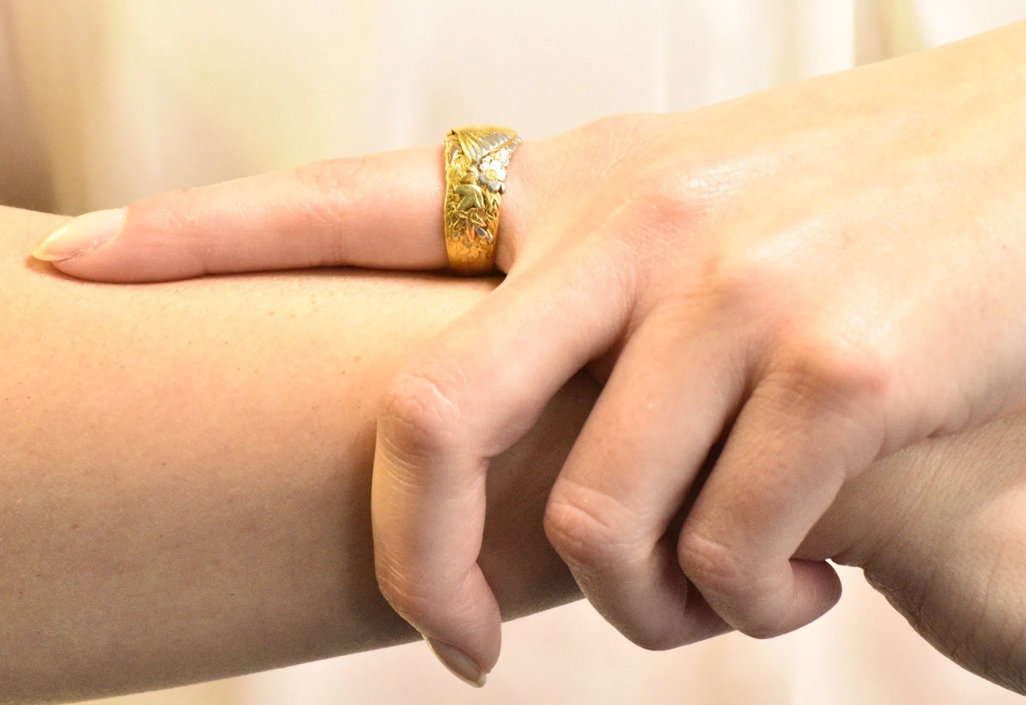 Chinese Late Victorian Tri-Color 22 Karat Gold Platinum Fan Band Ring