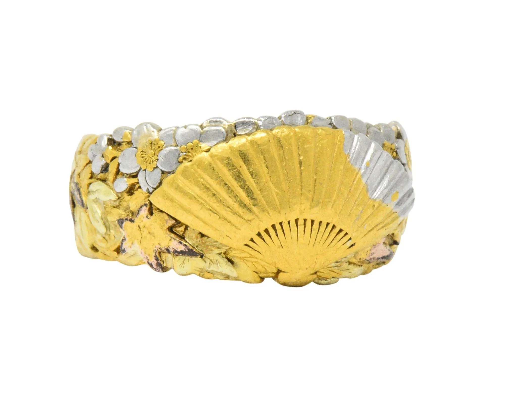Chinese Late Victorian Tri-Color 22 Karat Gold Platinum Fan Band Ring