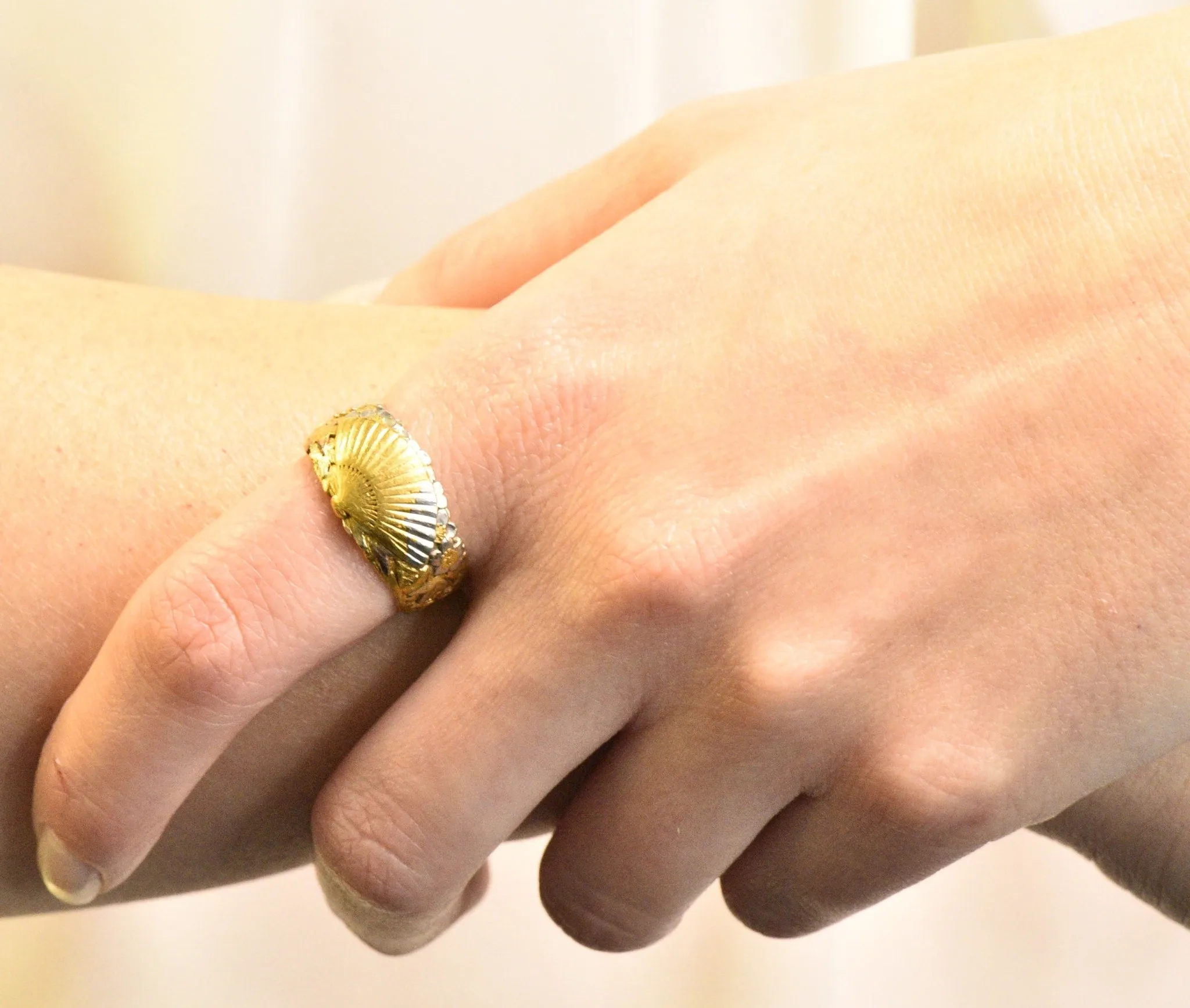 Chinese Late Victorian Tri-Color 22 Karat Gold Platinum Fan Band Ring