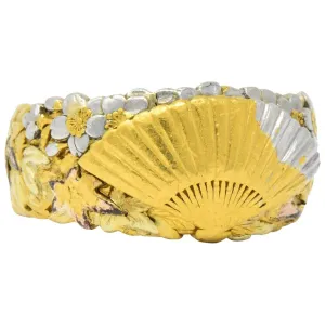 Chinese Late Victorian Tri-Color 22 Karat Gold Platinum Fan Band Ring
