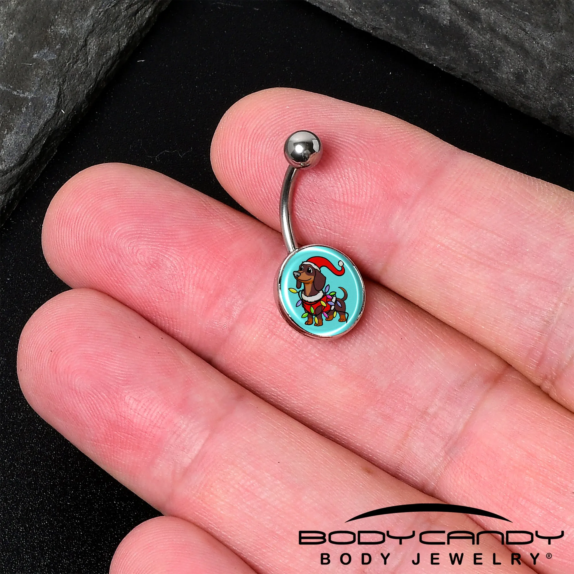 Christmas Holiday Weiner Dog Belly Ring