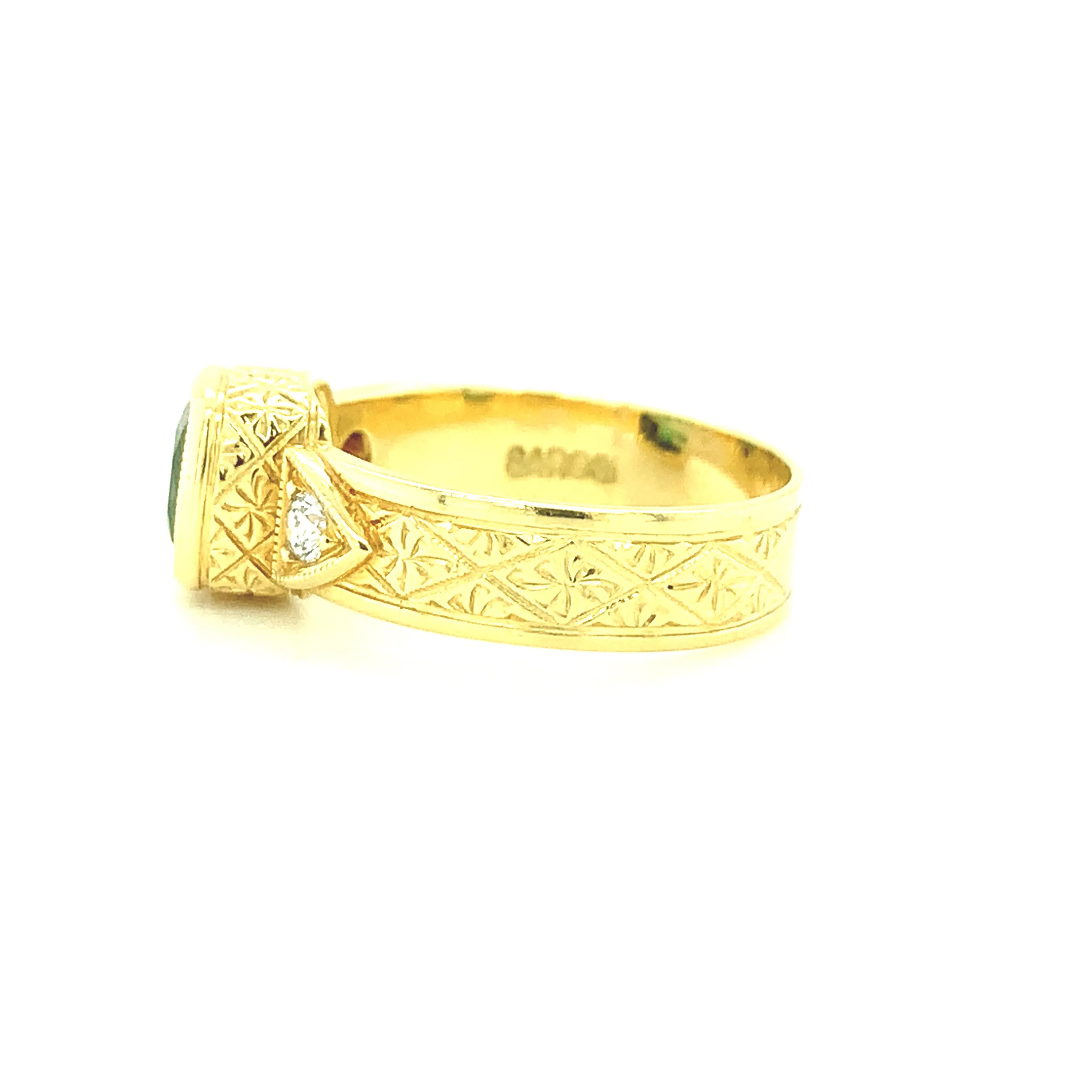 Chrome Tourmaline Cushion and Diamond Yellow Gold Bezel Set Engraved Signet Ring