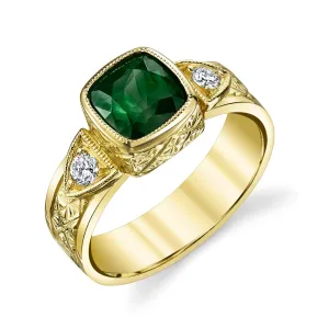 Chrome Tourmaline Cushion and Diamond Yellow Gold Bezel Set Engraved Signet Ring