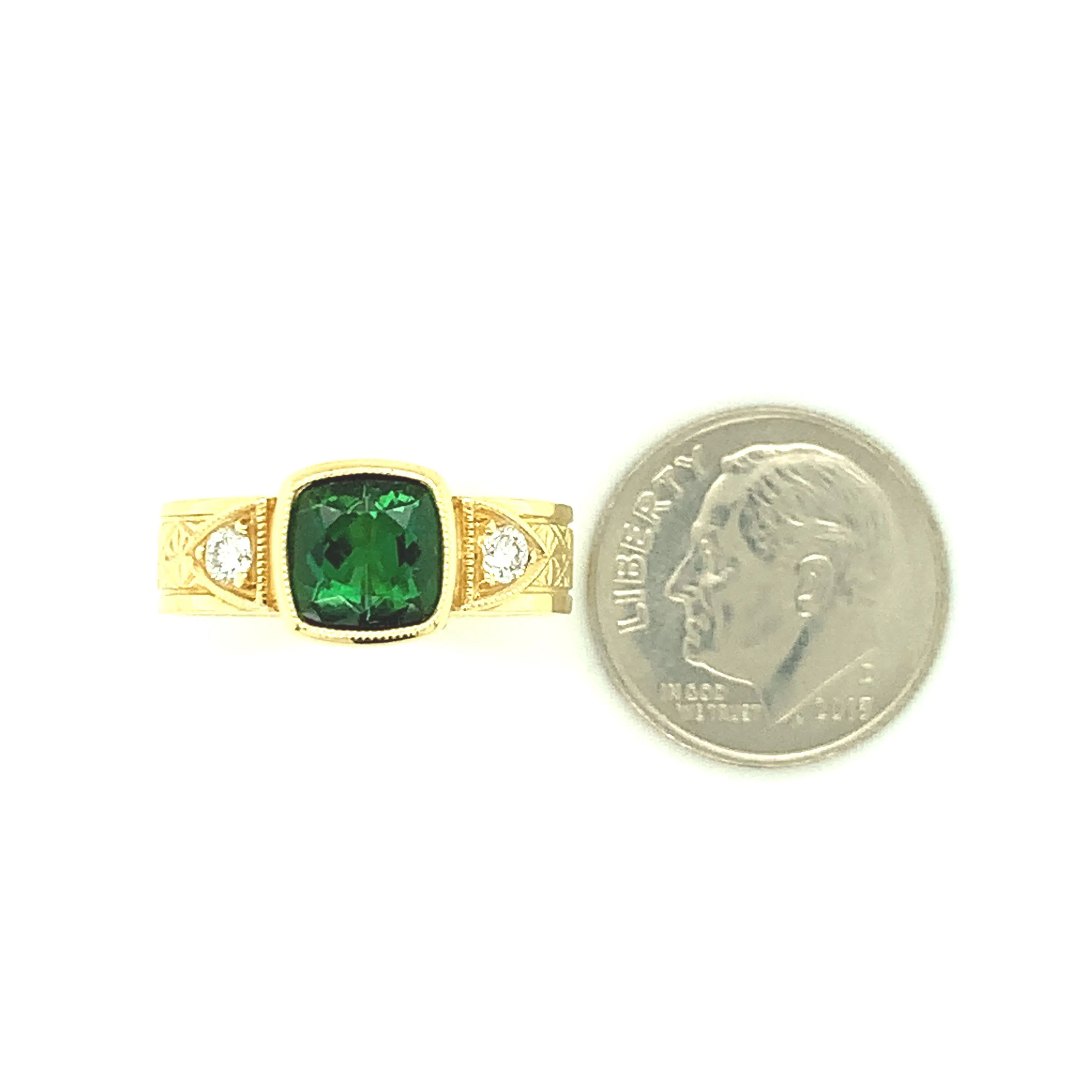 Chrome Tourmaline Cushion and Diamond Yellow Gold Bezel Set Engraved Signet Ring