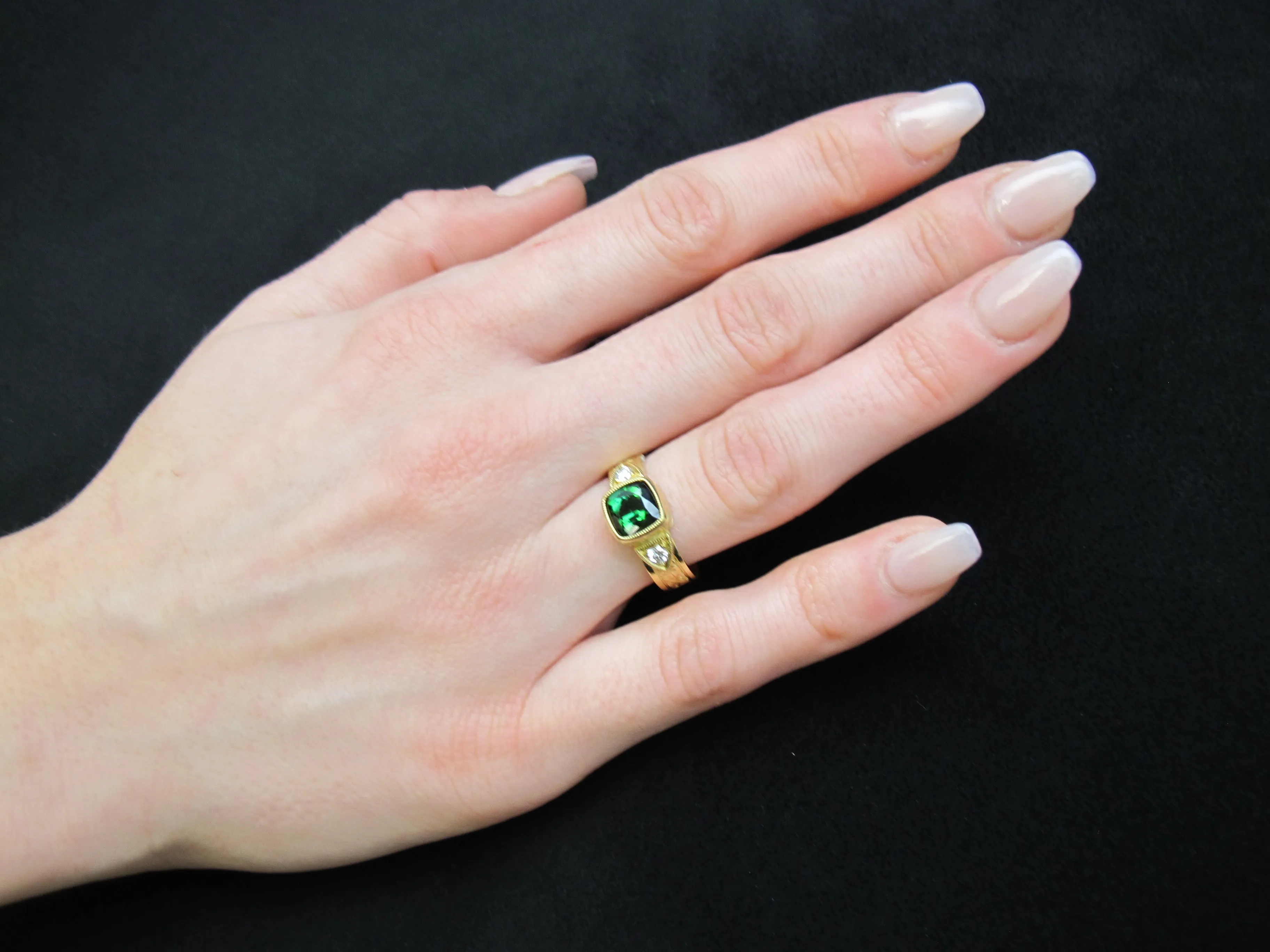 Chrome Tourmaline Cushion and Diamond Yellow Gold Bezel Set Engraved Signet Ring