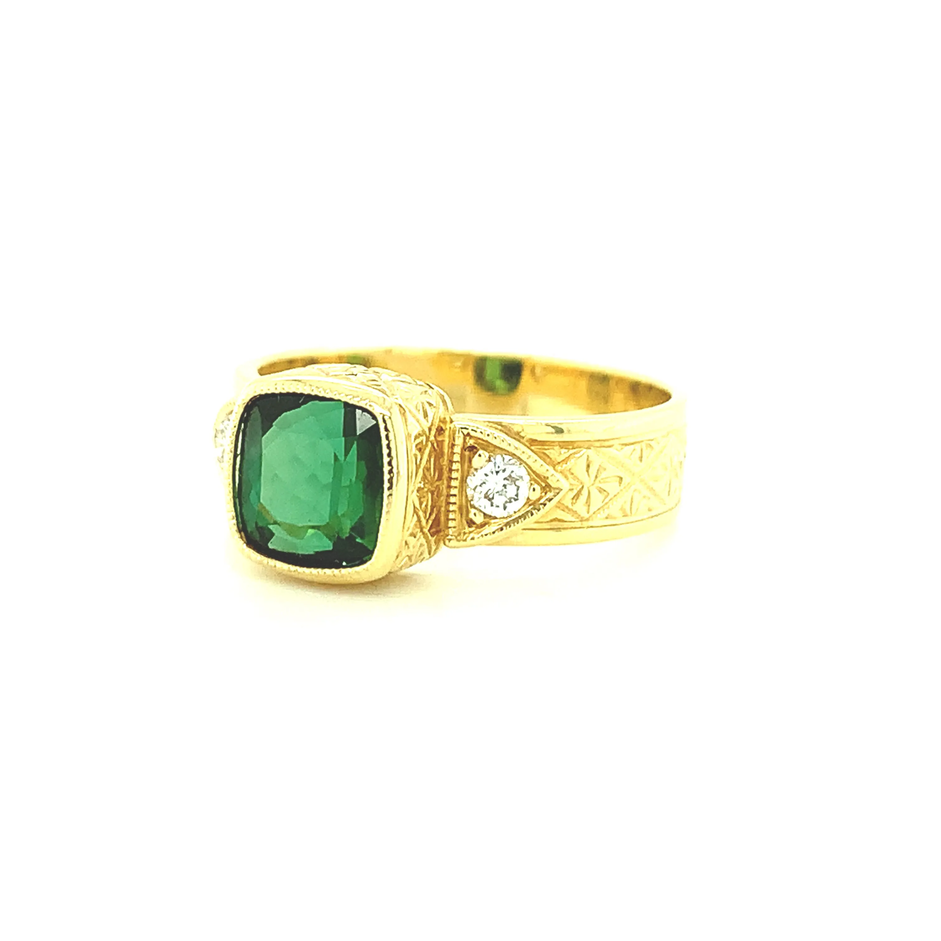 Chrome Tourmaline Cushion and Diamond Yellow Gold Bezel Set Engraved Signet Ring