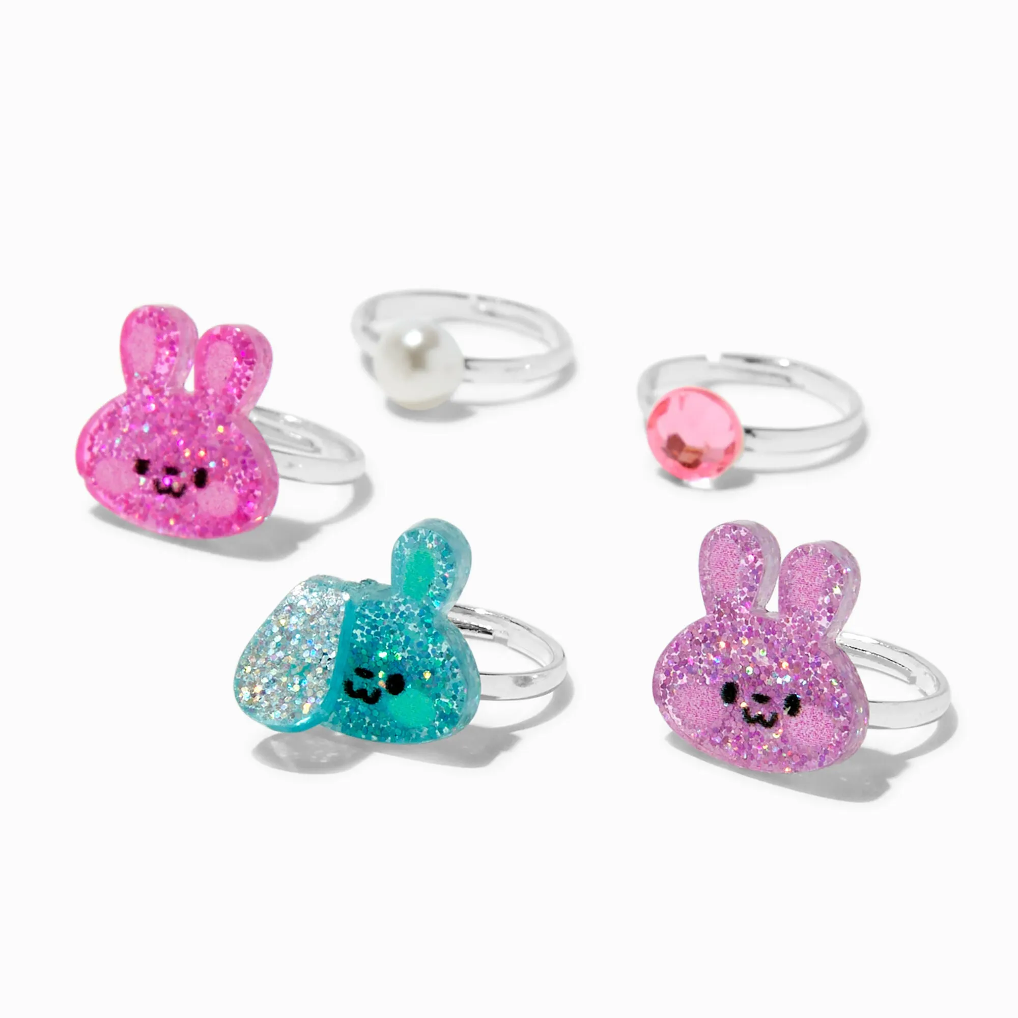 Claire's Club Pastel Bunny Box Rings - 5 Pack | Silver