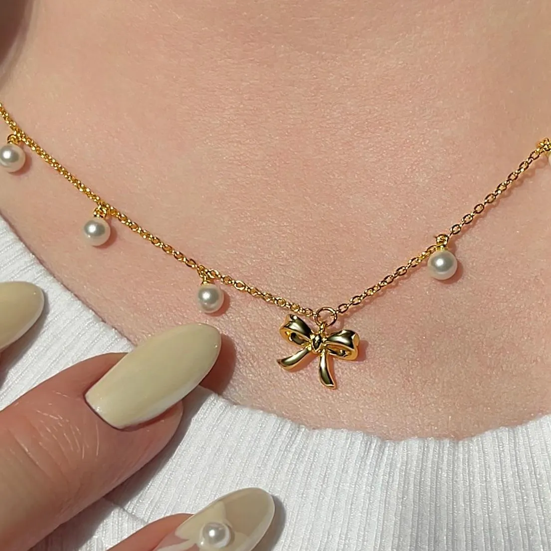 Coquette Charm Adorable Pearl Ring Bracelet Necklace Chic Hoop Earrings Set by Katie