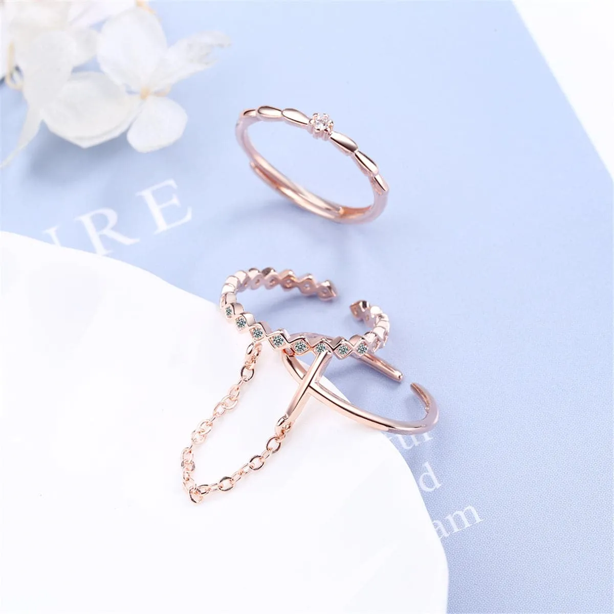 Cubic Zirconia & 18K Rose Gold-Plated Linked Adjustable Ring Set