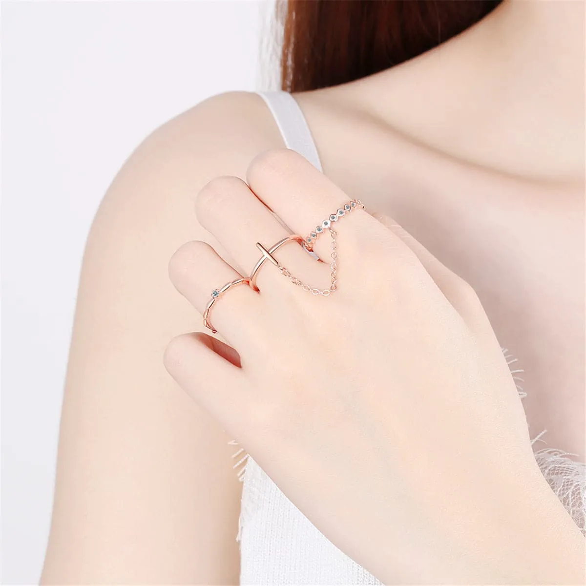 Cubic Zirconia & 18K Rose Gold-Plated Linked Adjustable Ring Set