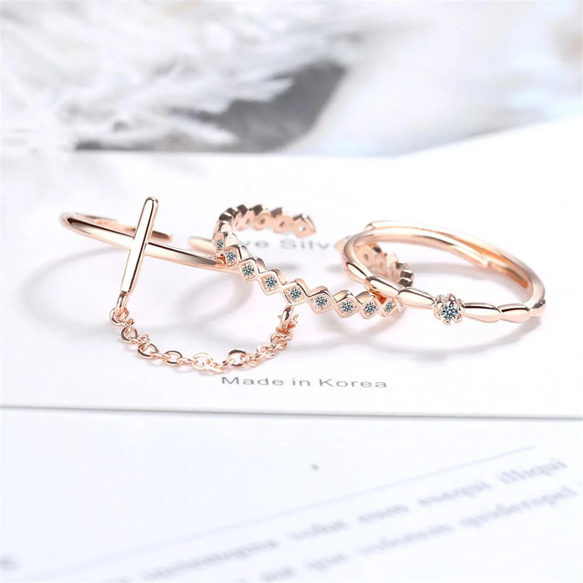 Cubic Zirconia & 18K Rose Gold-Plated Linked Adjustable Ring Set