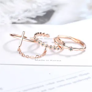 Cubic Zirconia & 18K Rose Gold-Plated Linked Adjustable Ring Set
