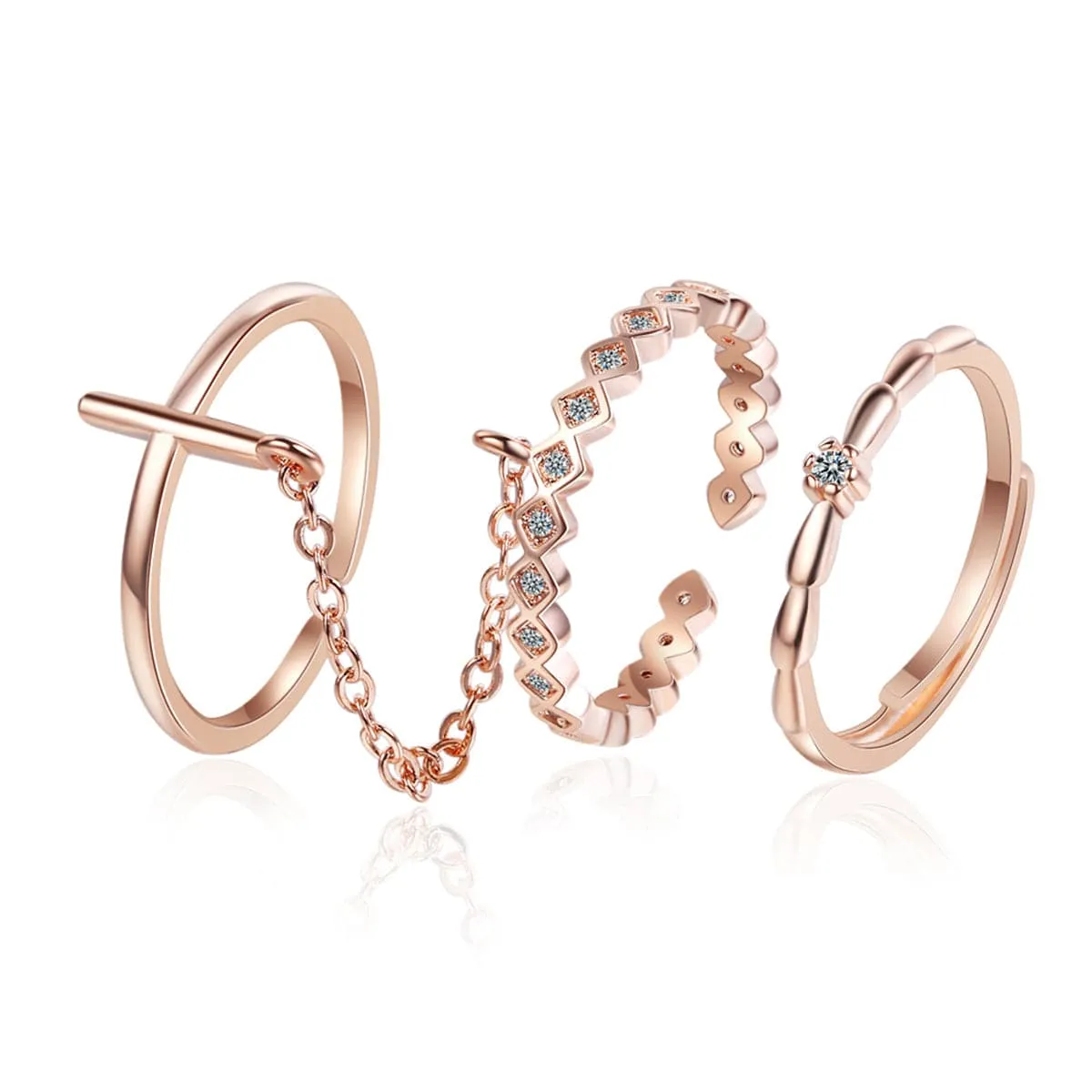 Cubic Zirconia & 18K Rose Gold-Plated Linked Adjustable Ring Set