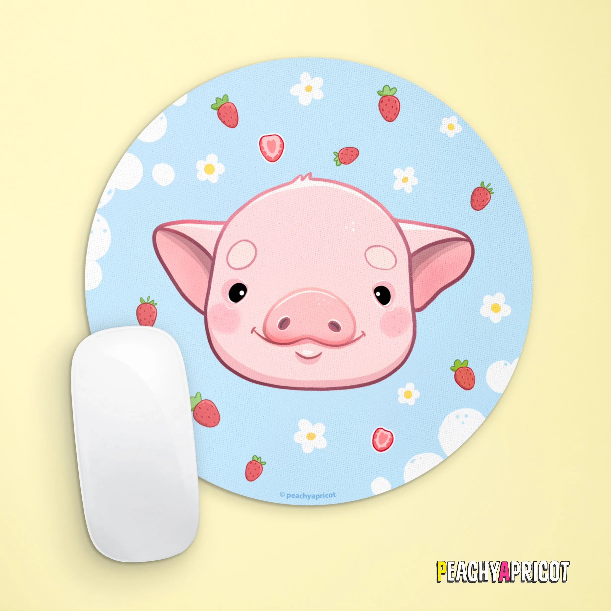 Cute Pig with Strawberries and Daisies Mousepad