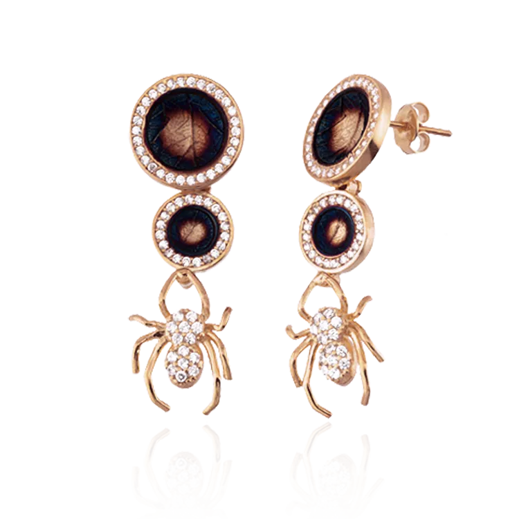 Dangling Spider Leaf Disc Ember Earrings