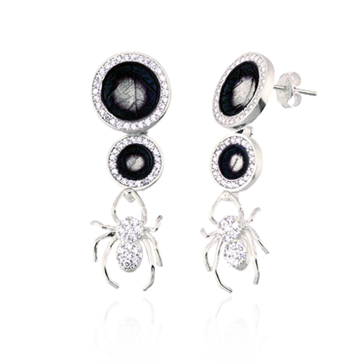 Dangling Spider Leaf Disc Ember Earrings