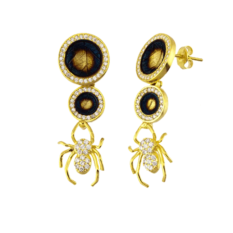 Dangling Spider Leaf Disc Ember Earrings