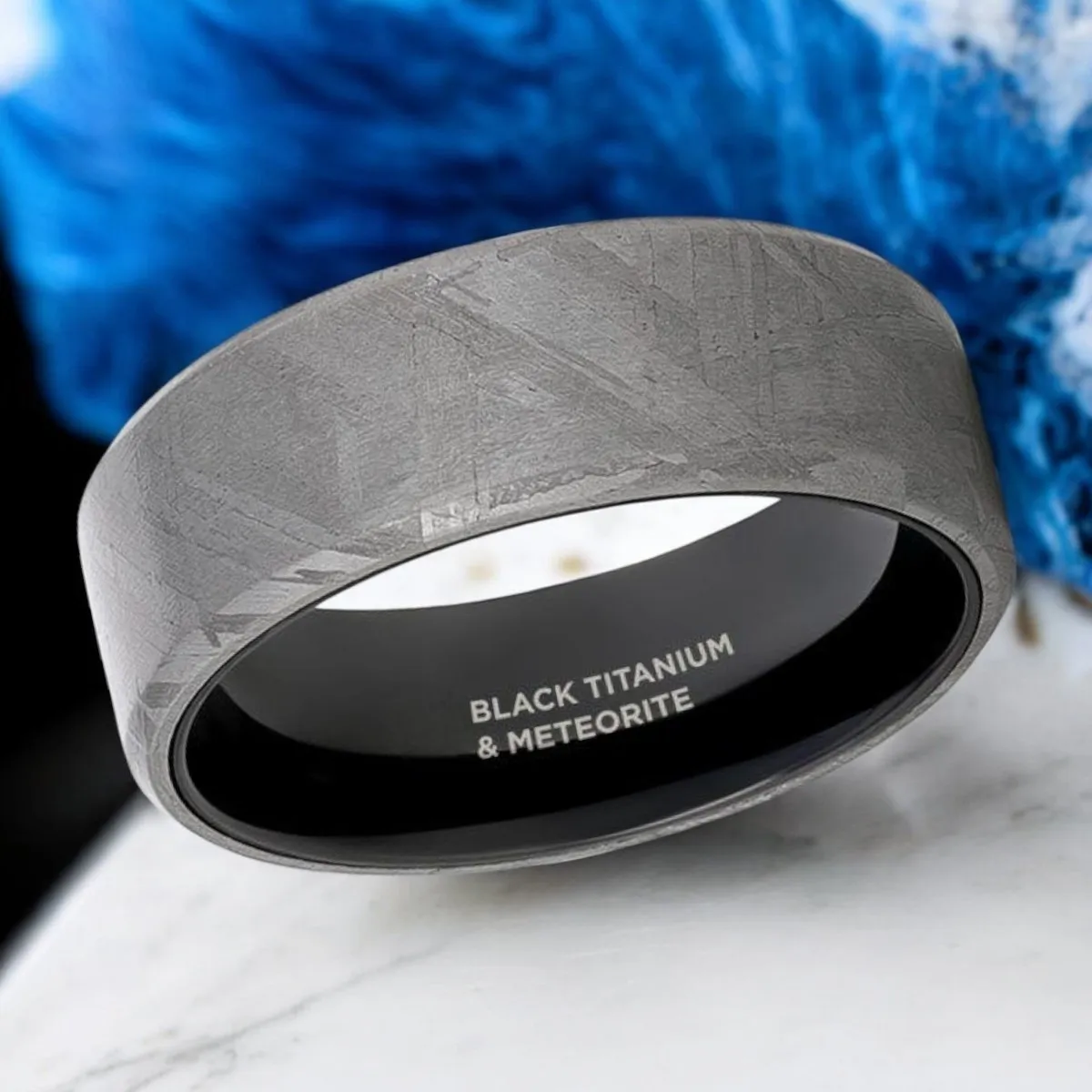 DIEMOS | Black Titanium Ring, Meteorite Inlay, Beveled