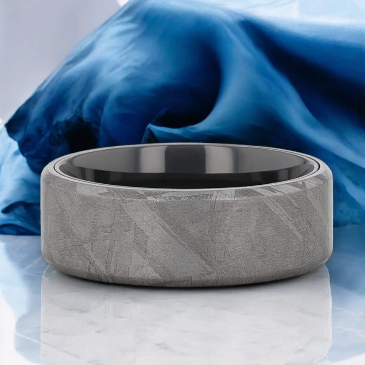 DIEMOS | Black Titanium Ring, Meteorite Inlay, Beveled