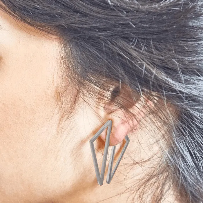 Double-Sided Silver Geometric Triangle Earrings